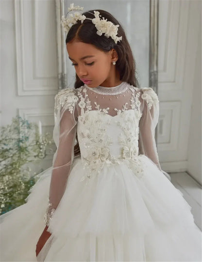 Customized White Flower Girl Dresses Tulle Tiered Flory with Tailing Long Sleeve for Wedding Birthday Party First Communion Gown