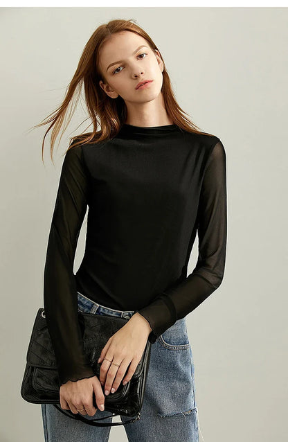 T-shirt Women's Autumn 2025 New Semi-turtleneck Long Sleeve T-shirt Slim-fitting Casual Bottoming Shirt Mesh Top 12421001