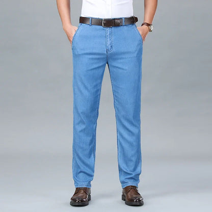 2026 New Spring Men's Light Blue Stretch Straight Jeans Business Casual Denim Pants Modal Fabric Trousers Male Brand