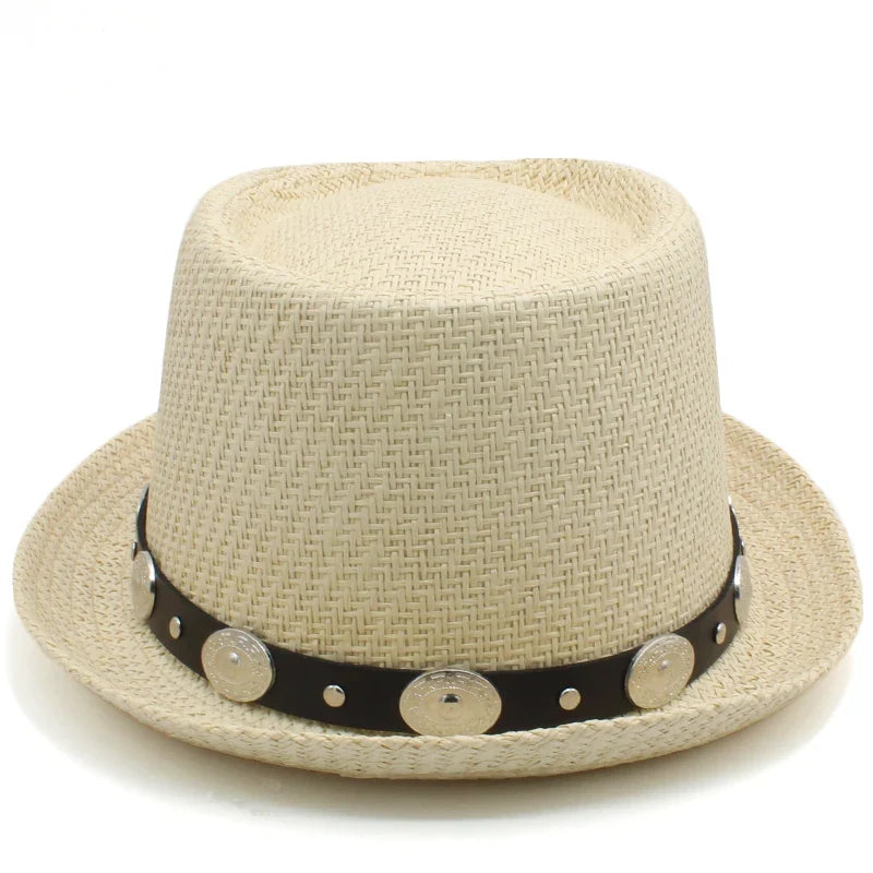 Men Women Straw Pork Pie Hats Summer Sunhat Boater Caps Sailor Sombrero Beach Fedora Trilby Outdoor Travel US Size 7 1/4 UK L