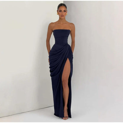 Lady Sexy Strapless Split Solid Pleated Dress Women Chic Backless High Waist Off-shoulder Dresses 2026 New Evening Party Gowns