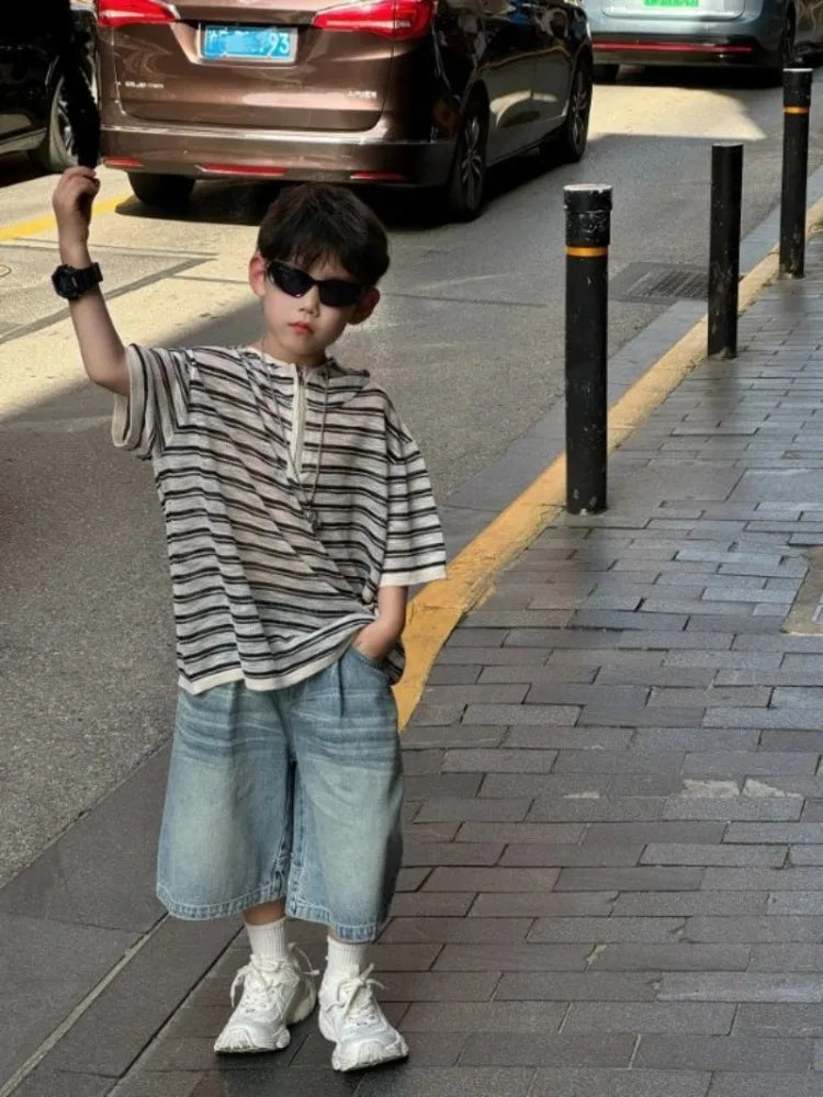 2025 Summer New Boys' Korean Casual Hooded Short Sleeve T-Shirt Loose Trendy Kids' Sportswear Outfit