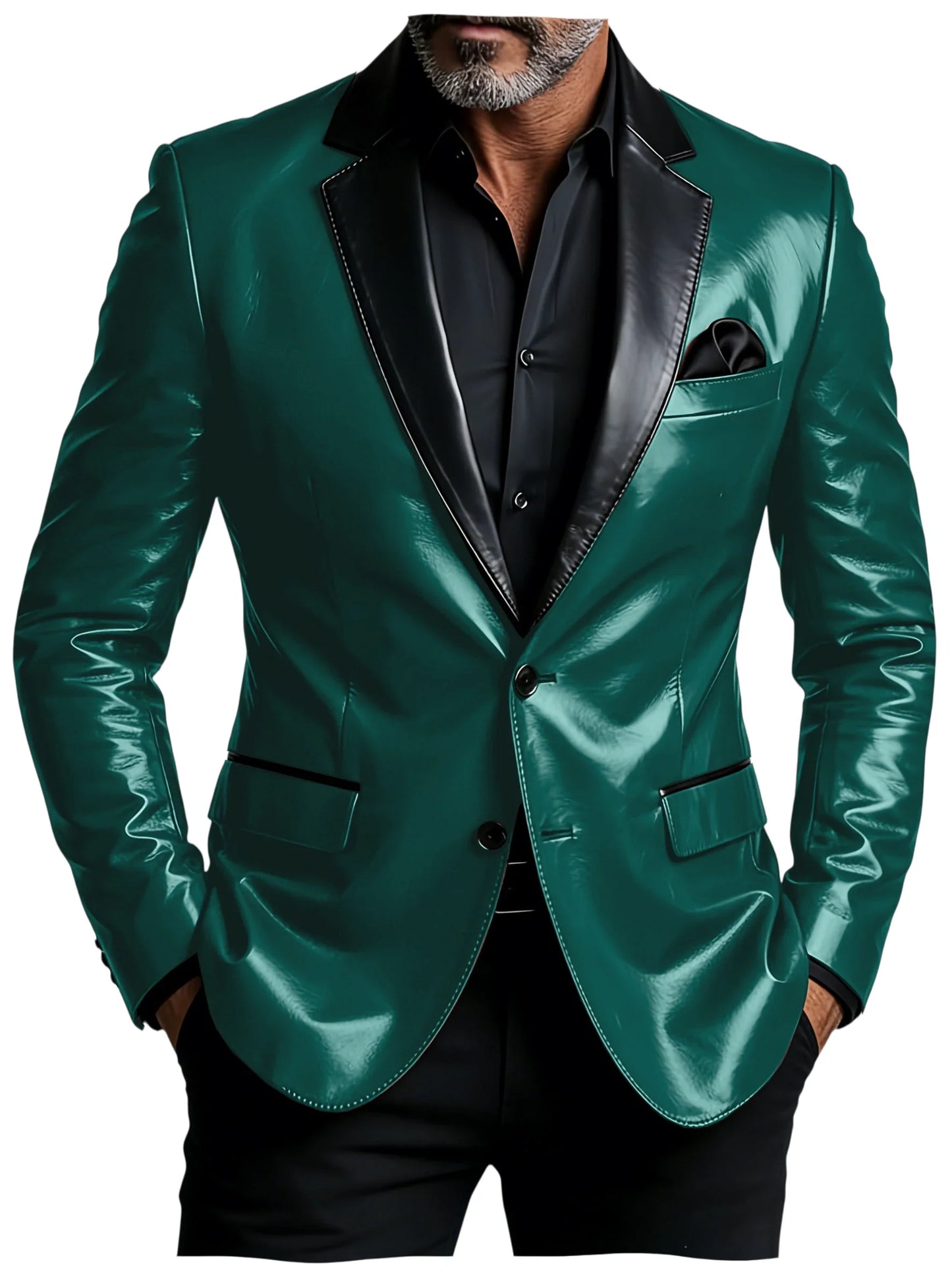 Men's Shiny Patent Leather Blazer Contrast Notch Lapel Two Button Suit Jacket Luxury Casual Business Formal Coat Party Wedding