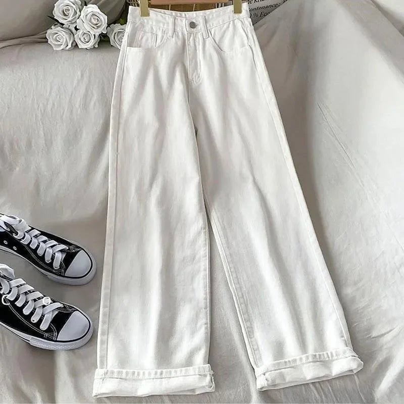 plus Size Women's Straight Leg Jeans High Waist Loose Fit Spring New Sle Slimming Wide Leg Student Long Trousers Trendy