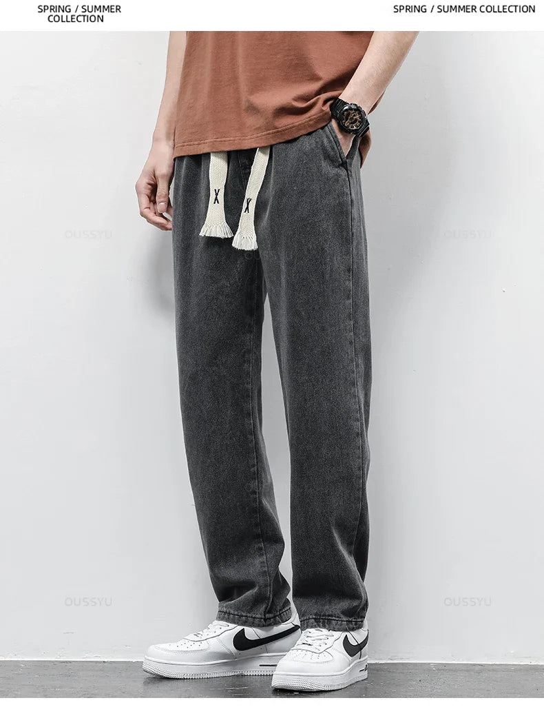 High Quality Fully Elastic Waist Men's Jeans Cotton Soft Drawstring Straight Pants Korea Casual Trousers Male Plus Size S-5XL