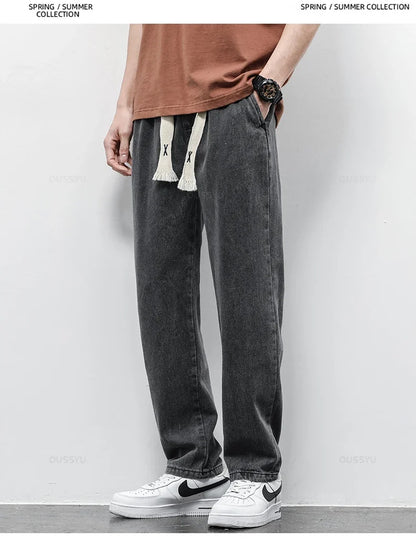 High Quality Fully Elastic Waist Men's Jeans Cotton Soft Drawstring Straight Pants Korea Casual Trousers Male Plus Size S-5XL