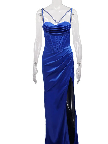 New Summer Prom Dress Women'S Sling Sleeveless Solid Color Dress One Word Neck Slim Fit Open Back Slit Red Sexy Dress