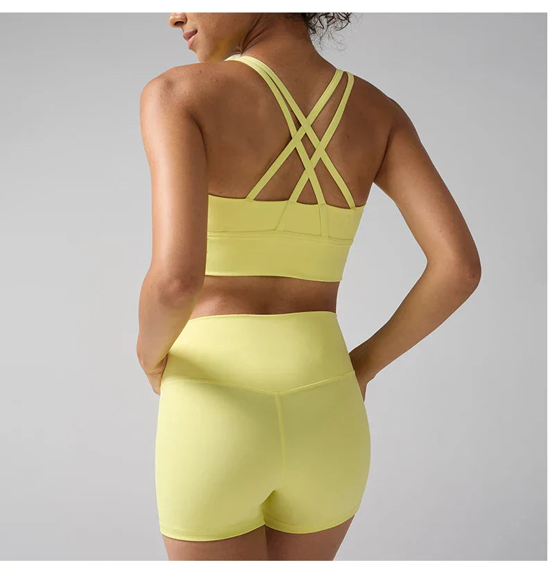 2 Pieces Solid Color Women Gym Yoga Set Cycling Short Legging Cross Sport Bra Tracksuit Suit Comprehensive Training Jog Athletic