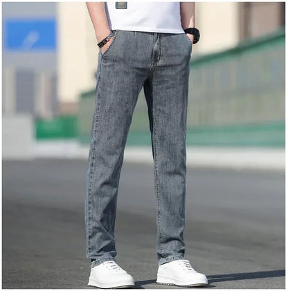 2025 Summer New Men's Loose Gray Jeans Fashion Casual Stretch Straight-leg Denim Pants Male Light Blue Men's Trousers