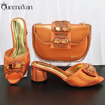 Newest Italian Design Fashion Comfortable Olive Color Peep Toe Party Wedding or Work Women's High Heels with Diamond Oval Bag