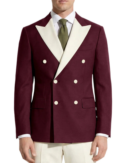 Classic Men's Tuxedo Jacket White Peak Lapel Patched Double Breasted Slim Fit Blazer for Business Formal Wedding Groom Prom Coat