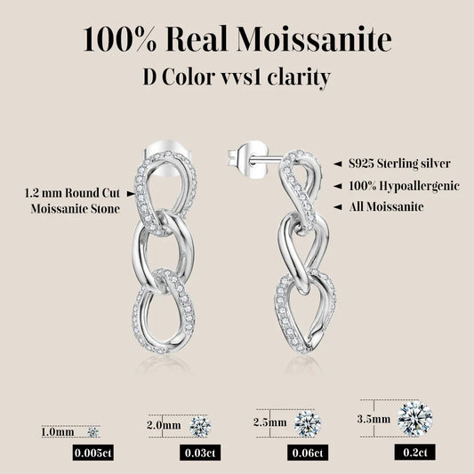 D VVS1 Moissanite Earrings for Women s925 Sterling Silver Chain Link Drop Earring Modern Trendy Statement Party Jewelry