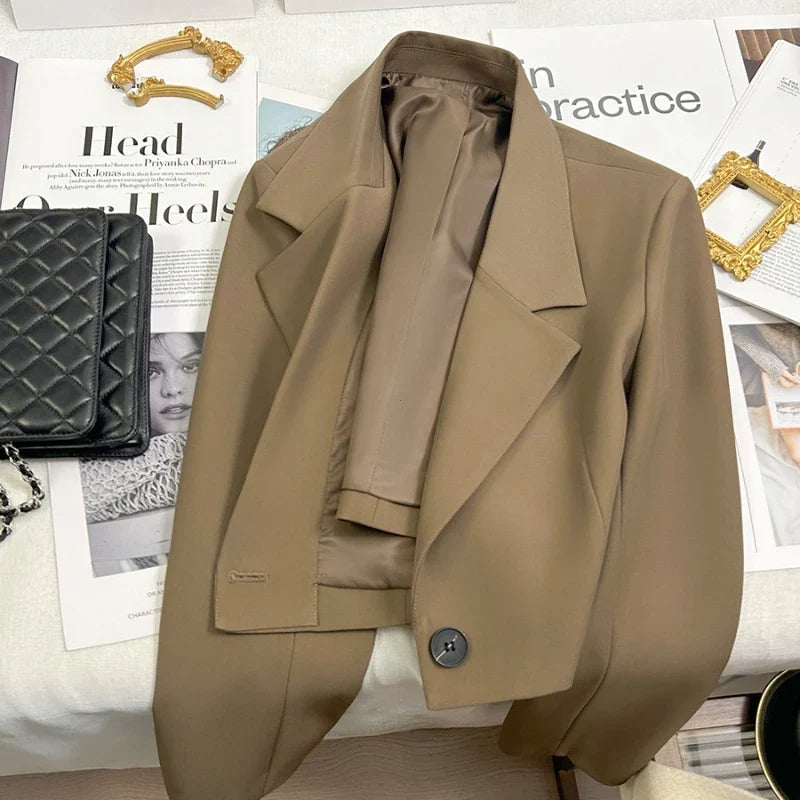 Black Cropped Blazers Woman Trend 2025 New All-match Notched Collar Crop Jacket Women Korean Chic Single Button Suit Coat