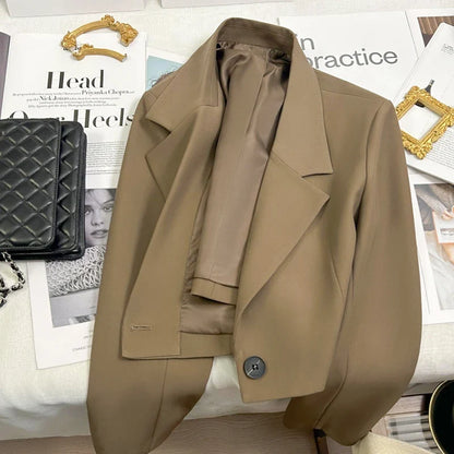 Black Cropped Blazers Woman Trend 2025 New All-match Notched Collar Crop Jacket Women Korean Chic Single Button Suit Coat
