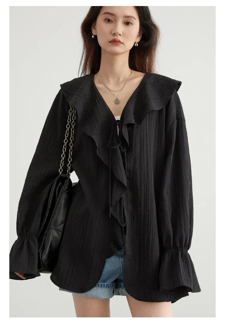 Women Shirt Loose Casual Ruffled Edges Female Blouses Solid V Neck Lace Up Mid Length Ladies Shirts Spring Summer 2026
