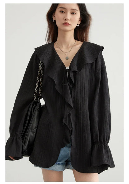 Women Shirt Loose Casual Ruffled Edges Female Blouses Solid V Neck Lace Up Mid Length Ladies Shirts Spring Summer 2026