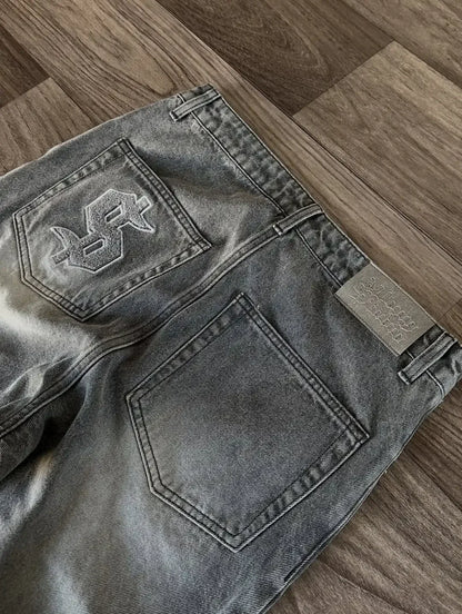 Dollar Pattern Embroidery Retro Jeans Men Y2K Splice Hip Hop Baggy Pants Gothic Streetwear Fashion Low Rise Jeans Clothing New