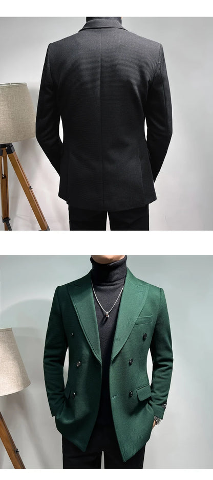 2025 Spring New Men's Waffle Double Breasted Suit Jacket High Quality Business Slim Fit Blazers Groom Social Party Dress Coats