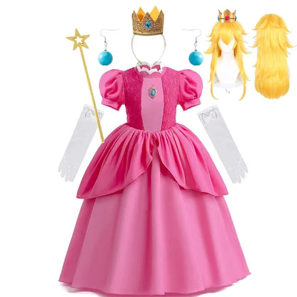 Princess Peach Style Dress Up Costume Set for Little Girls Birthday Carnival Party Role Play Outfit Kids 2-8Y Birthday Gifts