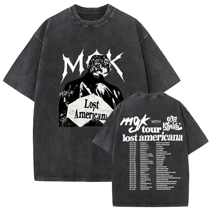 MGK Lost Americana Tour 2025-2026 Vintage Washed T Shirt Men Women Summer Fashion Cotton Short Sleeve T-shirt Fans Gift Clothing
