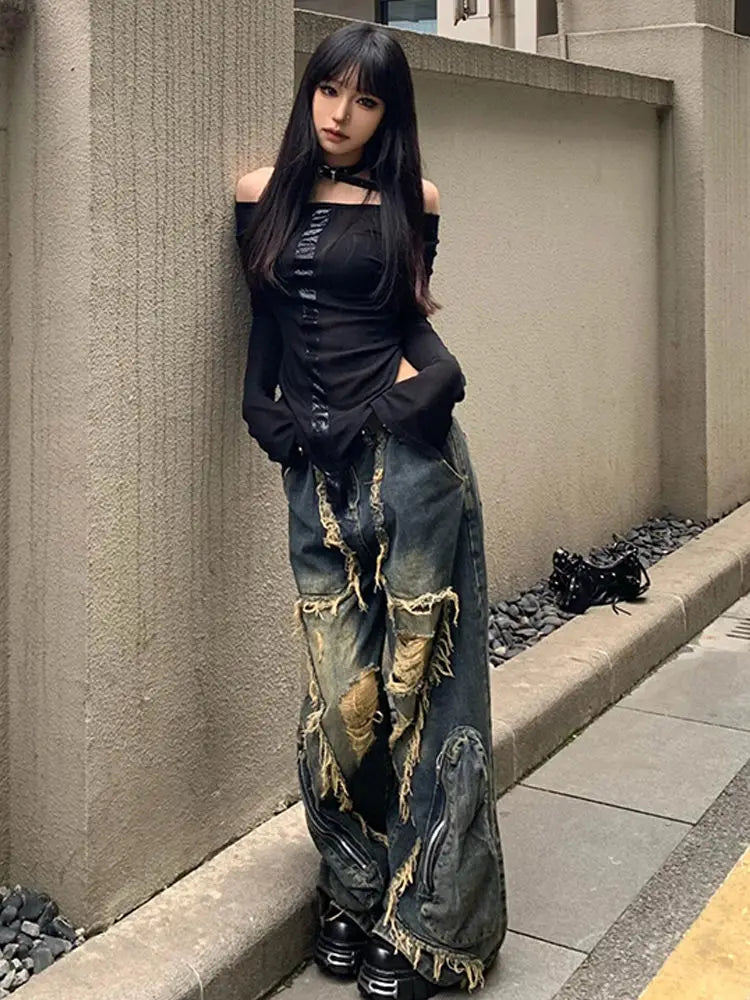 2024 Winter Punk Sexy Vintage Ripped Harajuku Loose Jeans Y2K Hollow Out Trashy Pants Women's BaggyTassels Denim Trouser