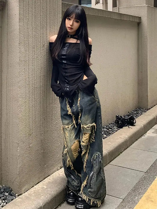 2024 Winter Punk Sexy Vintage Ripped Harajuku Loose Jeans Y2K Hollow Out Trashy Pants Women's BaggyTassels Denim Trouser