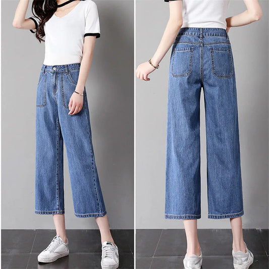 High Waist Straight Leg Jeans Women's Summer Thin Wide Leg Pants Loose Fit 9-Piece Blue Cotton Stretch Denim Small Size
