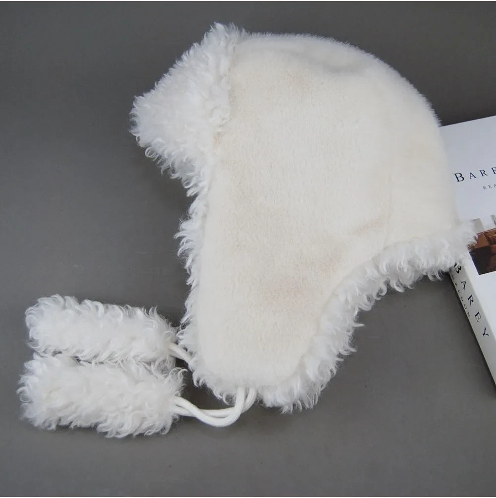 Real Fur Wool Hat Unisex New Winter Warm Bomber Russian Ushanka Hats With Ear Flaps Cow Leather Thick Snow Earflaps Baseball Cap