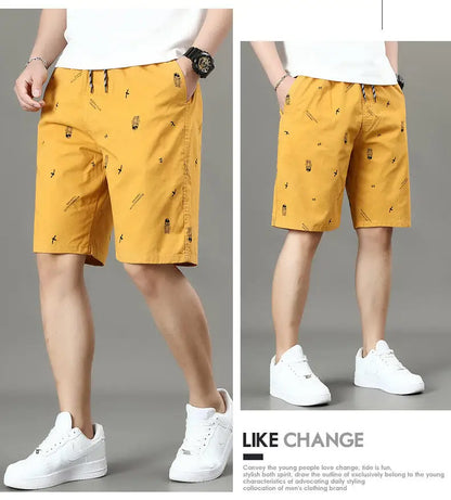 Men's Cotton Shorts Print Casual Shorts Travel Bermuda Shorts Elastic Waist Golf Shorts