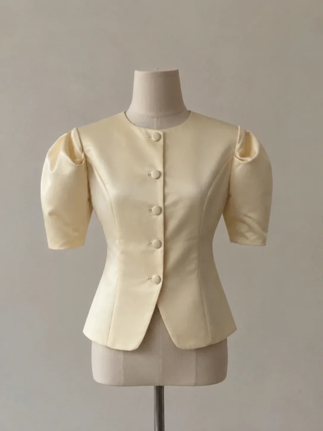 KT Elegant Satin Puff Sleeve Blouse for Women Round Neck Button Down Fitted Waist Asymmetric Hem Office & Formal Wear Tops