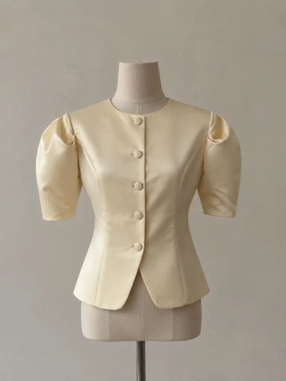 KT Elegant Satin Puff Sleeve Blouse for Women Round Neck Button Down Fitted Waist Asymmetric Hem Office & Formal Wear Tops