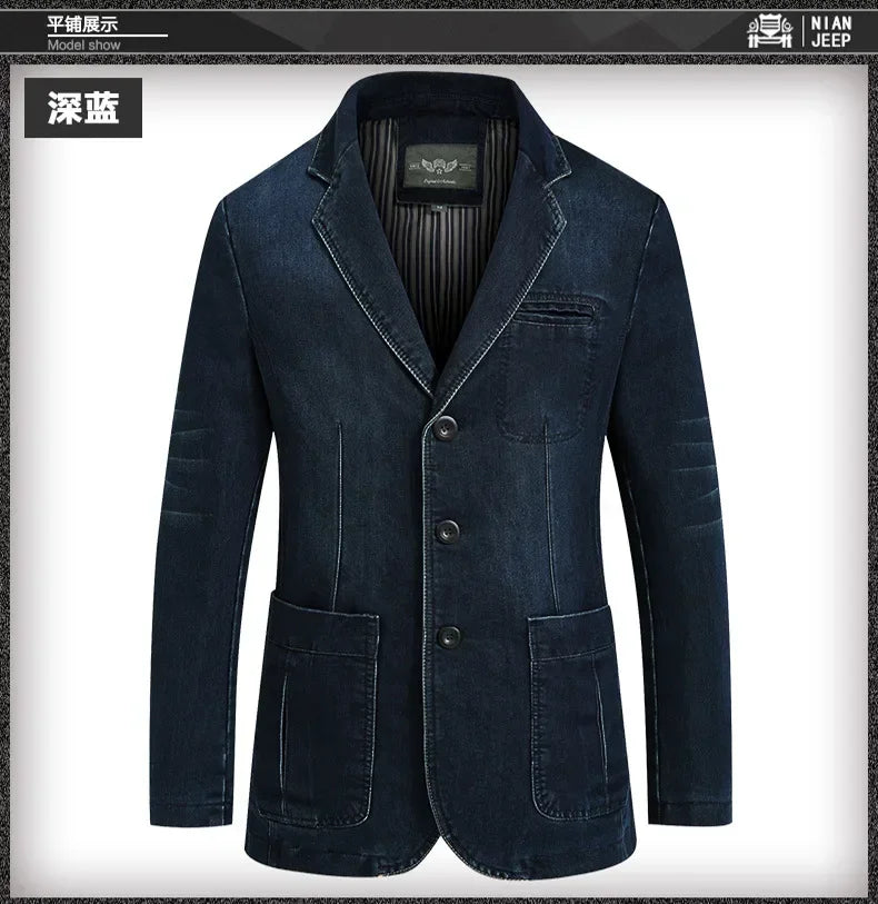 Blazer Men's Fashion Gentleman Business Retro Versatile Trendy Wedding Professional Casual Solid-color Host Cotton Denim Blazer