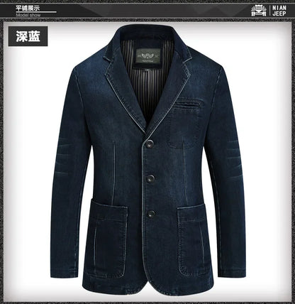 Blazer Men's Fashion Gentleman Business Retro Versatile Trendy Wedding Professional Casual Solid-color Host Cotton Denim Blazer