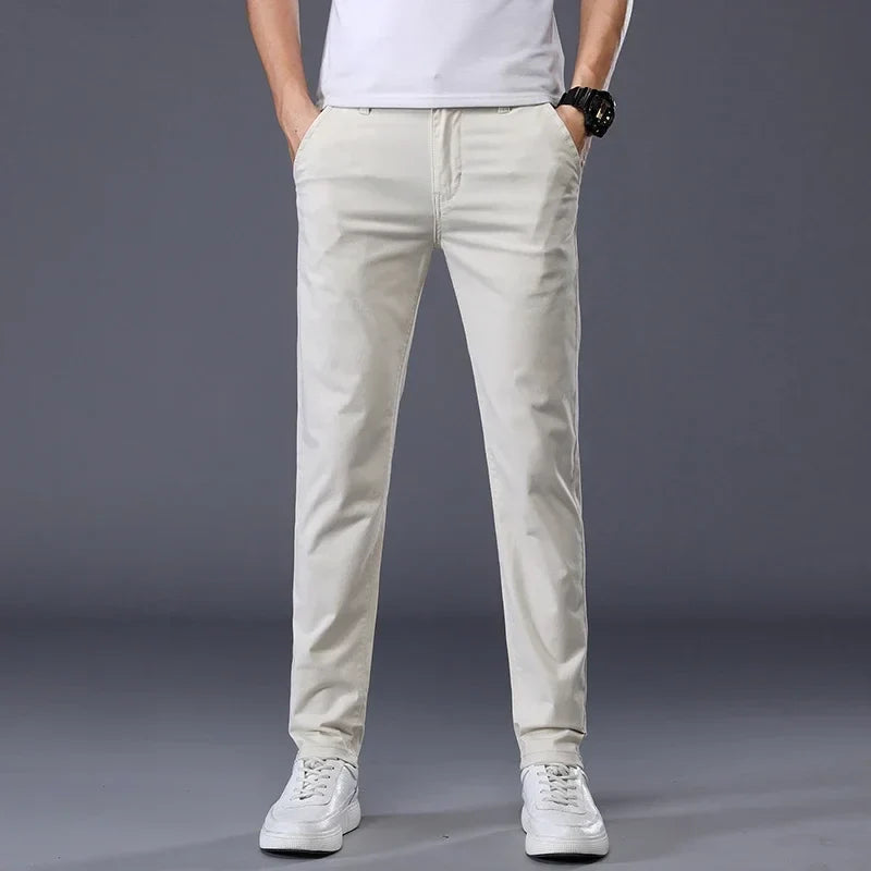 Summer Thin Men's Casual Pants Cotton 7 Colors Classic Style Elastic Straight Slim Fit Business Fashion Long Trousers Male