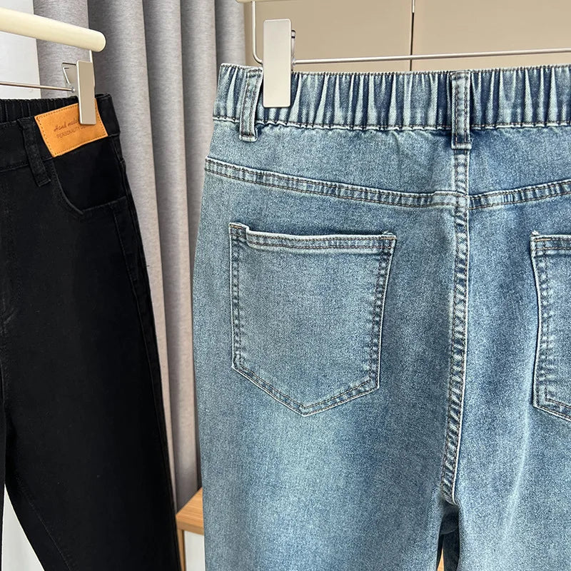 Women's Split Leg Opening Drainpipe Jeans, Casual Ankle Length Denim Pants, Straight Leg, Plus Size, Spring, Autumn, 100kg, 1649
