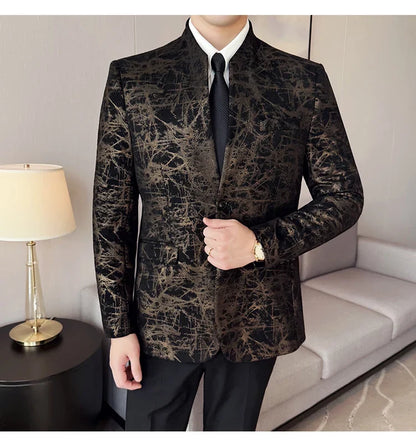 New Chinese Style Stand Up Collar Jacquard Suit Coats Men Slim Business Casual Fashion Suits Jacket Formal Social Party Tuxedos