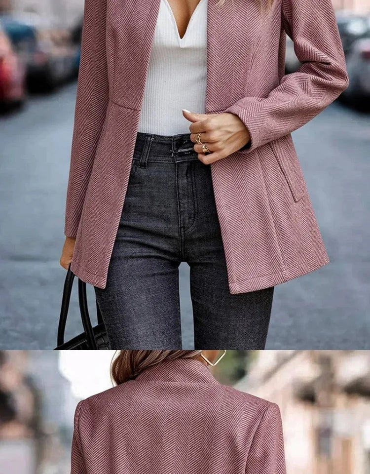Commute Style Simple Design Woolen Suit Coat Pink Lapel Open Cardigan Short Length Polyester Fiber Women's Fashion Outerwear