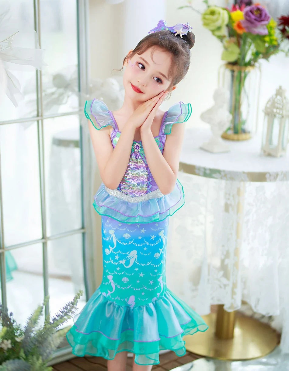 Halloween Costume Mermaid Dress Girl Ruffles Shell Fishtail Frocks Ariel Fantasy Luxury Princess Gown Children Fancy Fairy Dress