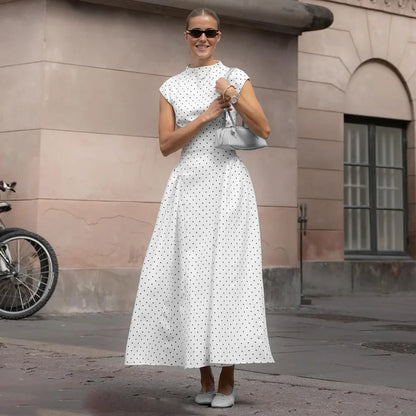White Polka Dot Long Dress Summer Sexy High-Waisted Vintage Print Sleeveless Dress Casual Party Vacation New Women Dress