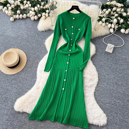 Brand Fashion Aesthetic Patchwork Knitted Maxi Dress Autumn Winter Women Luxury Shirt Sweater Dress Office Lady Vestido