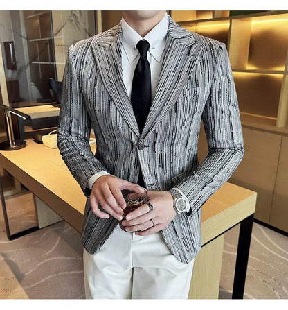 Fashion Meteor Line Checkered Elegant Suit Jacket Men Fashion De Luxe Business Slim Fit Single Breasted Social Party Dress Coats