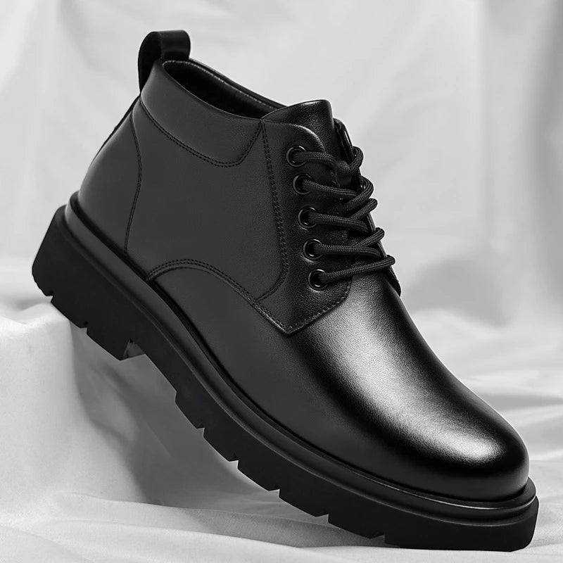 Mens Black Leather Lace Up Mid Top Boots Winter Warm Formal Business Office Wedding Shoes Black Work Boots Fashionable Dad Shoes