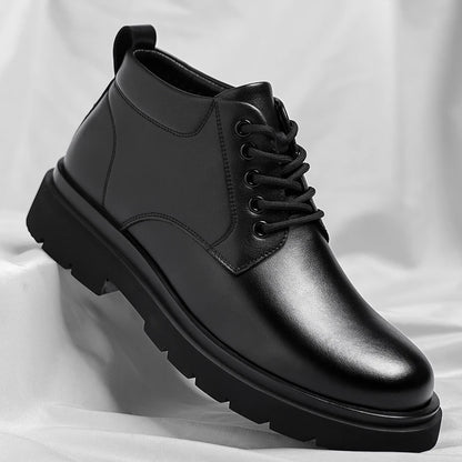 Mens Black Leather Lace Up Mid Top Boots Winter Warm Formal Business Office Wedding Shoes Black Work Boots Fashionable Dad Shoes