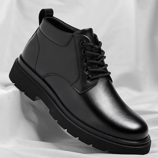 Mens Black Leather Lace Up Mid Top Boots Winter Warm Formal Business Office Wedding Shoes Black Work Boots Fashionable Dad Shoes