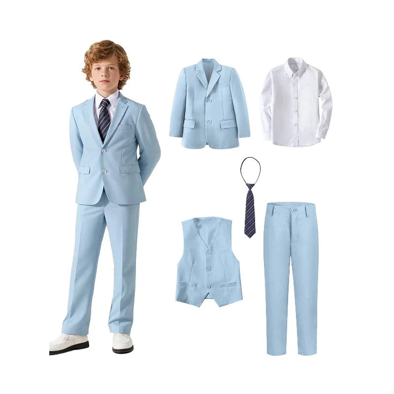 Boys Suit 5-piece Jacket Vest Pants Pocket Shirt Tie Random Casual Formal Wedding Teen Suit Dress School Uniform Size 4-16Y