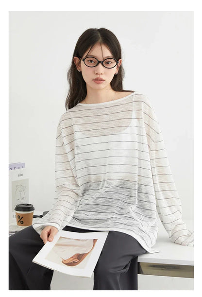 Korean Women T-Shirts Loose Casual New Striped Long Sleeve Sunscreen Shirt Designed Female Tees Summer 2025