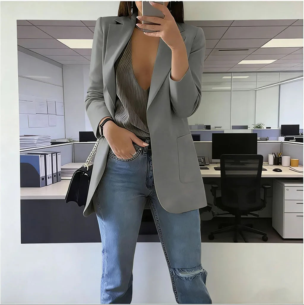 2026 Elegant jacket Women's Suit Single office Casual British Professional Women's Buttonless suit collar pocket simple coat top