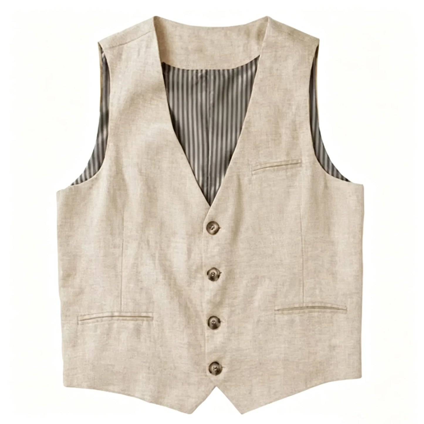 Beige Linen Men's Vest V Neck Summer Waistcoat Single Breasted Light Weigt Men's Suits Vest