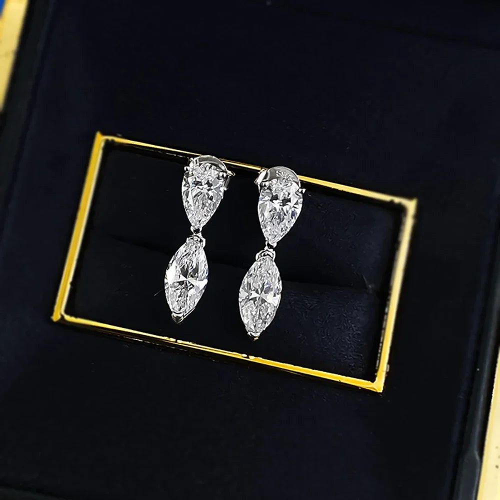 4cttw Double-stone Moissanite Drop Earrings For Women Pear-Marquise Cut Diamond Stud Earring Certified S925 Silver Fine Jewelry