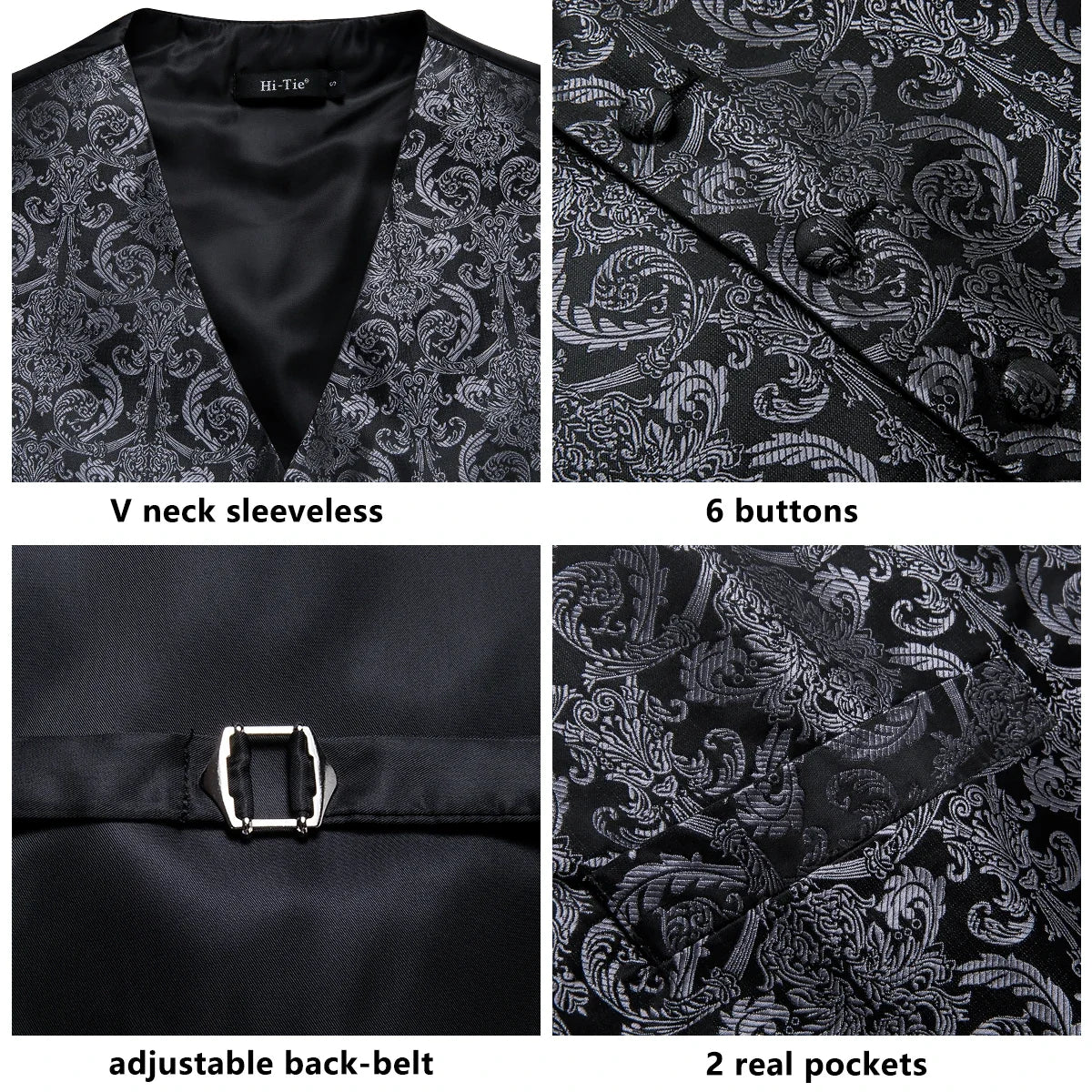 Hi-Tie Black Luxury Paisley Men's Vest Set Hanky Cufflinks For Wedding 100% Silk Vest For Men Gold Waistcoat Yellow Classic Vest